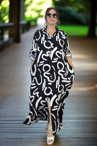 yagmurberen Front to Back Buttoned Figure Printed Shirt Collar Tiril Tiril Cotton Viscosin Large Size Summer Dress