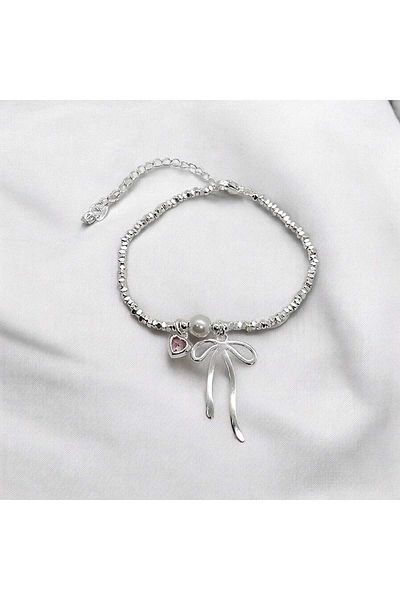 Dark Wind Bow Ribbon Pink Heart Detailed Pearl Pinterest Women's Stone Steel Bracelet |   Stylish Gift Jewelry