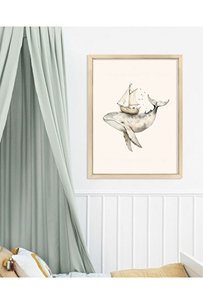 Vetro Design Poster cu cadru din lemn pentru camera copiilor cu barca cu pânze și balenă