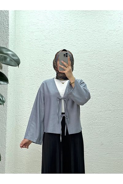 MİHRA STORE Kimono scurt din țesătură căpșuni Mirona cu șireturi în față-MF210 Gri