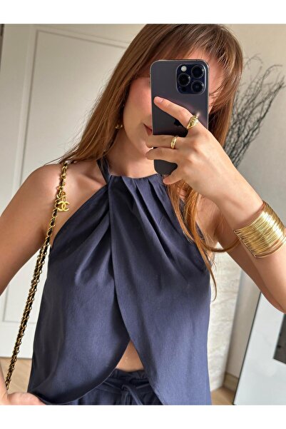 BAŞARAN Σετ μπλούζα και παντελόνι Halter Neck διπλό πέτο Navy Blue