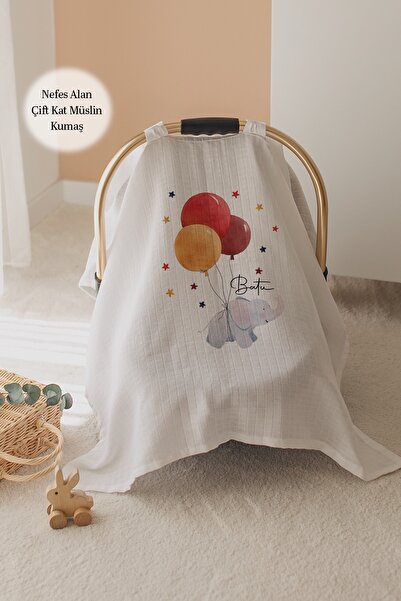 Lilabio %100 Pamuk İsme Özel Çift Katlı Müslin Puset Örtüsü - Fil