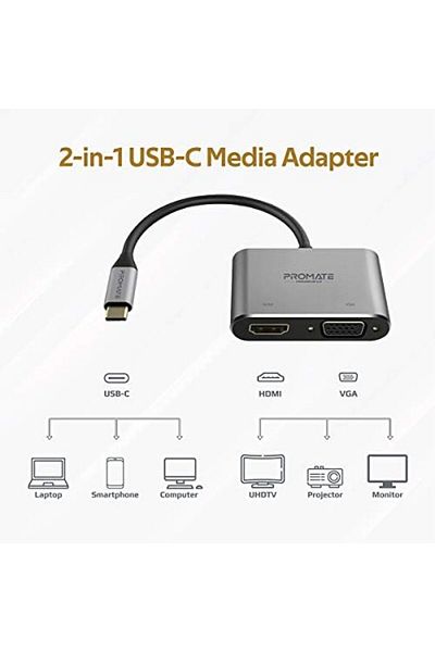 Promate USB-C Display Adapter, Premium 2-In-1 USB-C™ to 1080 60Hz VGA and 4K 30Hz HDMI Adapter wit