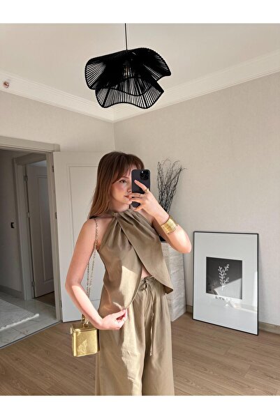 BAŞARAN Σετ μπλούζα και πανταλόνι Halter Neck διπλό πέτο Καφέ