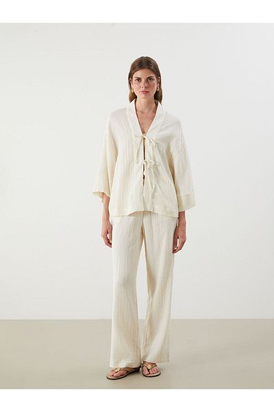 LC Waikiki Ecru Shawl Collar Textured Oversize Women's Kimono