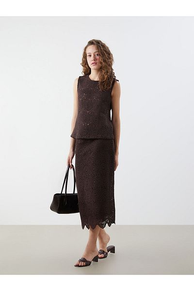 LC Waikiki Brown Openwork Crochet Skirt with Elastic Waist