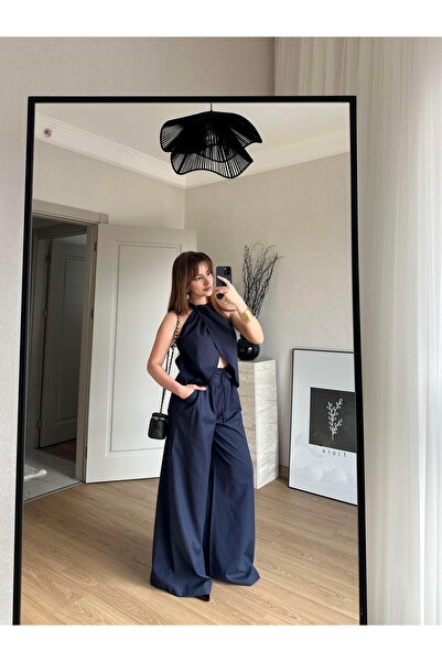 BAŞARAN Σετ μπλούζα και παντελόνι Halter Neck διπλό πέτο Navy Blue