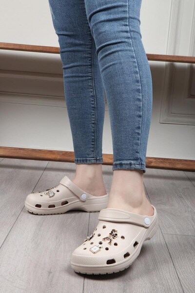 İncim Ecru Daily Orthopedic Seaside Pool Beach Slippers with Stone Accessories Women's Slippers & Sandals