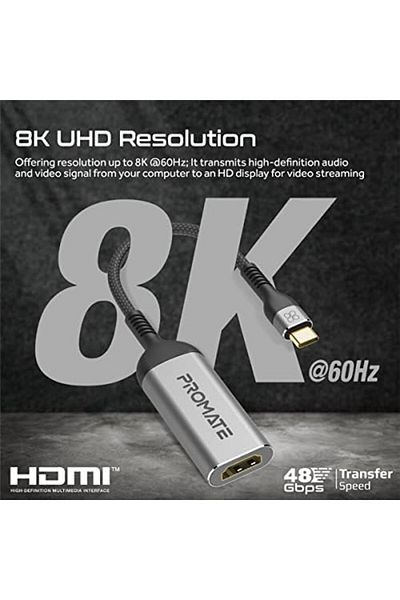 Promate محول USB-C إلى HDMI، محول HDMI فائق الدقة 8k@60hz مع نقل 48 جيجابت في الثانية، كوم