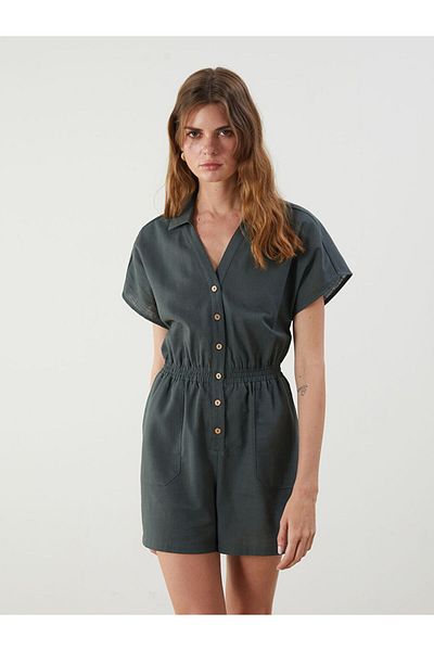 LC Waikiki Green Shirt Collar Buttoned Women's Shorts Jumpsuit
