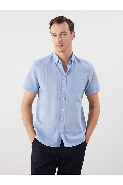 LC Waikiki Blue Regular Fit Short Sleeve Striped Poplin Men's Shirt