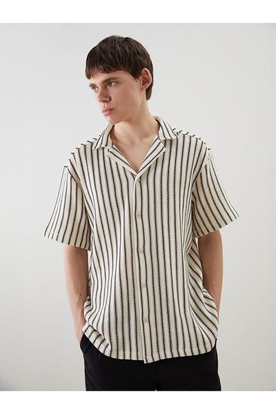 LC Waikiki Ecru Regular Fit Short Sleeve Striped Men's Shirt