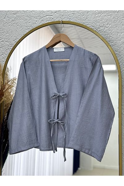 MİHRA STORE Kimono scurt din țesătură căpșuni Mirona cu șireturi în față-MF210 Gri