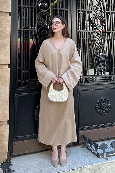 Ceylan Otantik Caramel Organic Linen Wrap Skirt & V-Neck Blouse Set
