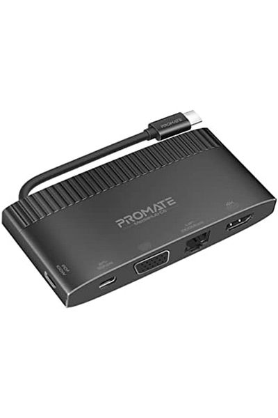 Promate محول USB-CHub، 6 في 1 من النوع C للمزامنة/الشحن مع منفذ HDMI بدقة 4K، ومنفذ VGA بدقة 1080 بكسل، وشبكة LAN بسرعة 1000 ميجابت في الثانية، ومنفذ USB-C بقوة 100 وات