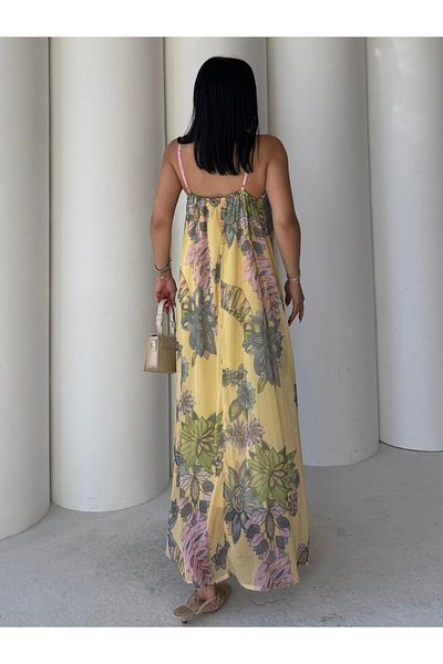 HARMONY GLOBAL Juls Floral Print Strap Chiffon Long Yellow Dress – V-Neck, Summer and Roomy Design 7426