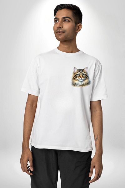 Angemiel Siberian Cat Design White Oversize Women's Men's Front Minimal Printed T-Shirt