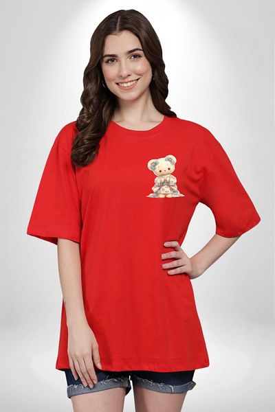 Angemiel Floral Blue Dress Teddy Bear Red Oversize Women's Men's Front Minimal Printed T-Shirt