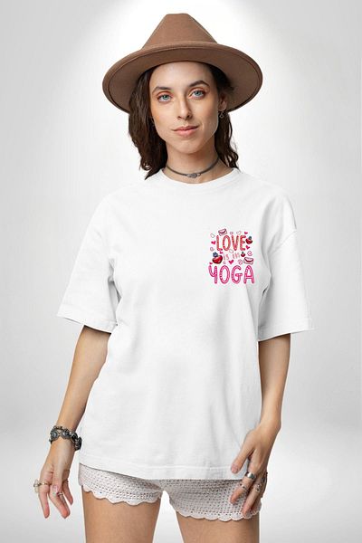 Angemiel تي شيرت Yoga I Love Yoga Enthusiasts أبيض كبير الحجم للنساء والرجال مطبوع من الأمام