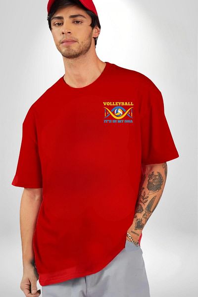 Angemiel Volleyball Is in My Dna Written Red Oversize Women's Men's Front Minimal Printed T-Shirt