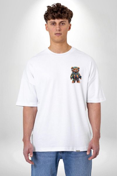 Angemiel Smart Technology Style Teddy Bear White Oversize Women's Men's Front Minimal Printed T-Shirt