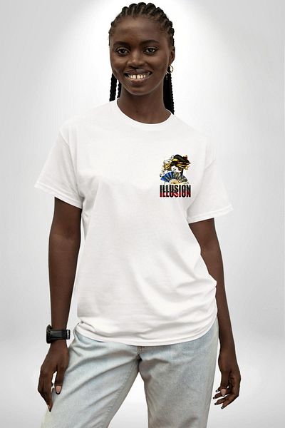 Angemiel Mysterious Geisha Illusion White Oversize Women's Men's Front Minimal Printed T-Shirt
