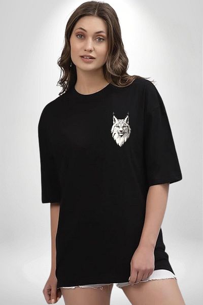 Angemiel Special for Nature and Animal Lovers Vaşak Black Oversize Women's Men's Front Minimal Printed T-Shirt