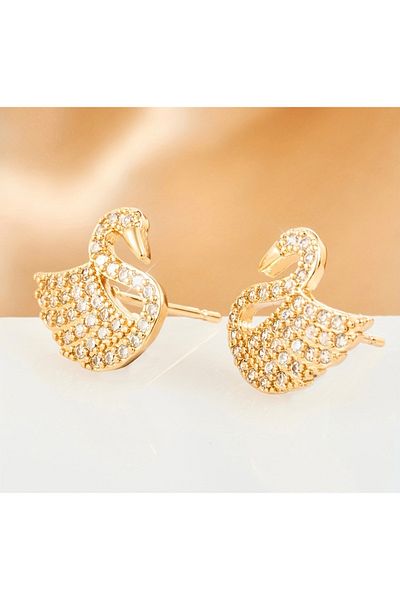 Manu Collection Steel Swan Model Gold Earrings Special Series with Tarnish-Free Stones
