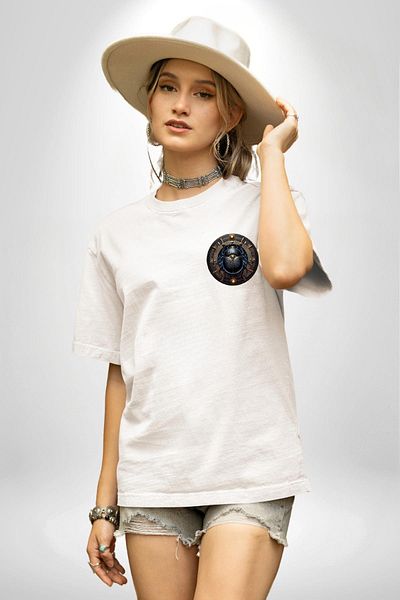 Angemiel Khepri Rebirth, Morning Sun God Egyptian White Oversize Women's Men's Front Minimal Printed T-Shirt