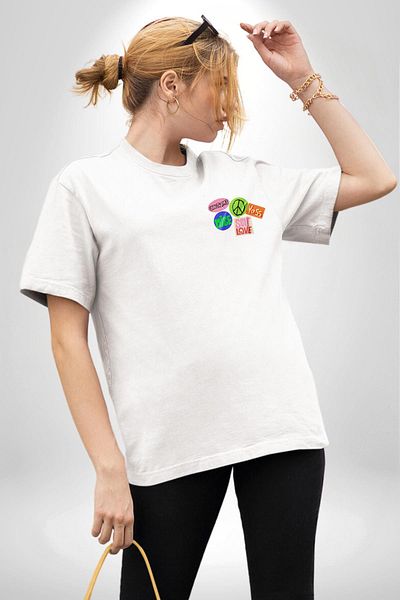 Angemiel Peace Positive Energy Stickers White Oversize Women Men Front Minimal Printed T-Shirt
