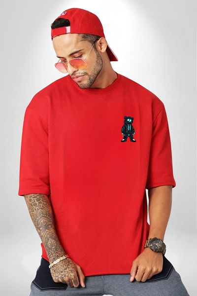 Angemiel تي شيرت بتفاصيل ضوء النيون الأزرق من Street Fashion تيدي بير أحمر كبير الحجم للنساء والرجال مطبوع من الأمام