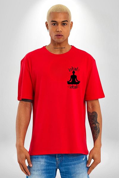 Angemiel Minimalist Red Oversize Women's Men's Front Minimal Printed T-Shirt with Meditation and Yoga Written