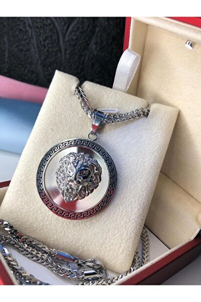 vogutima jewelery&silver by timuçin mavili Lion Head Greek Patterned White Color Steel Necklace in Illuminated Box • for Lover • for Spouse • for Father • for Friend
