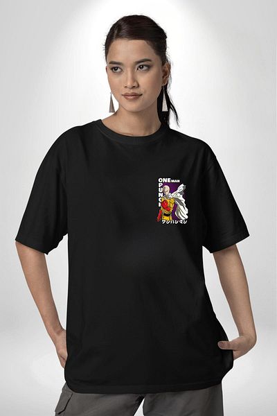 Angemiel Saitama One Punch Man Anime Character Black Oversize Women Men Front Minimal Printed T-Shirt