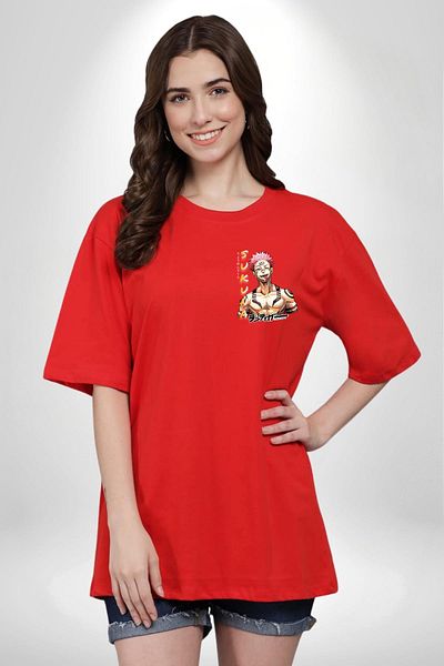 Angemiel Sukuna Jujutsu Kaisen's Cursed Power Anime Red Oversize Women Men Front Minimal Printed T-Shirt