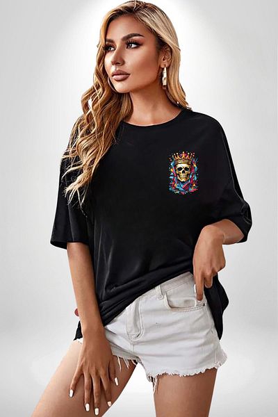 Angemiel Crowned Skull Royal and Chaotic Gold Skull Black Oversize Women Men Front Minimal Printed T-Shirt