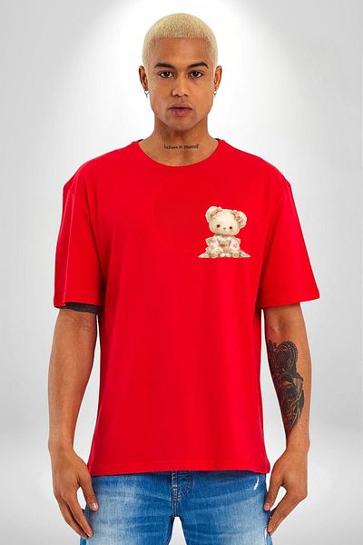 Angemiel Flower Patterned Kawaii Teddy Bear Red Oversize Women's Men's Front Minimal Printed T-Shirt