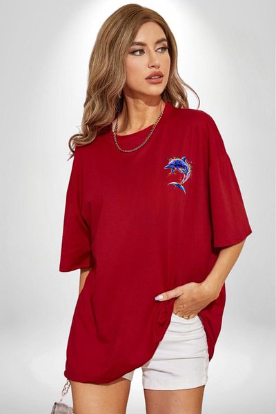Angemiel Colorful Artistic Dolphin Neon Splash Red Oversize Women's Men's Front Minimal Printed T-Shirt