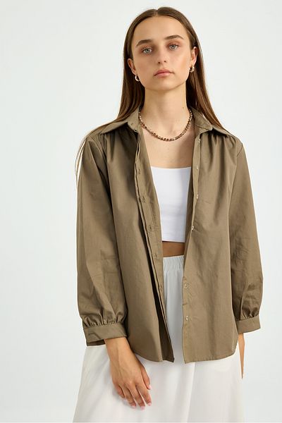 Birgül Bektaş Khaki Gathered Poplin Shirt