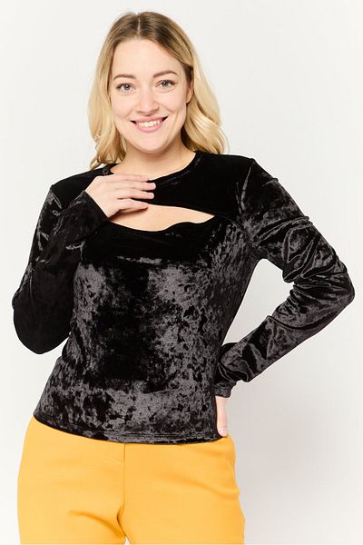 Michael Kors Women Round Neck Long Sleeves Velvet Top, Black