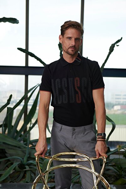 Erkek Siyah Polo Yaka Baskılı %100 Pamuk Slim Fit Tişört NCS JEANS 1279