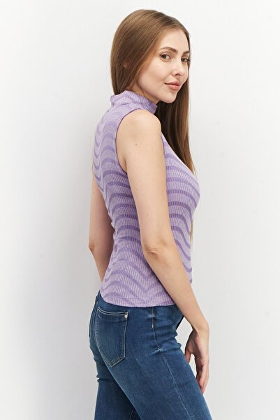 Sinsay Women Mock Neck Sleeveless Ribbed Top, Purple