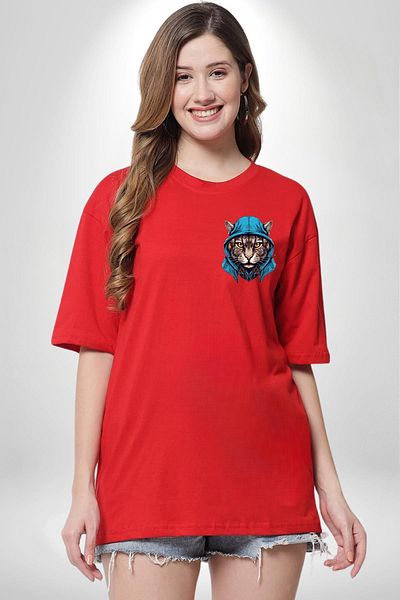 Angemiel Cyber ​​Cat Digital Tiger Eye Red Oversize Women's Men's Front Minimal Printed T-Shirt