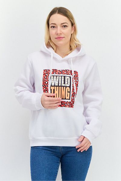 Buzz Women Graphic Print Long Sleeves Hoodies, White Combo