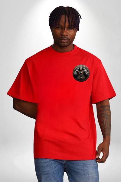 Angemiel Holy Lion and Mythology Egyptian Pyramid God Red Oversize Women Men Front Minimal Printed Tee
