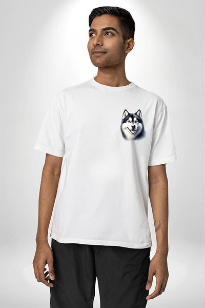 Angemiel Strong Siberian Husky Dog Large Breed White Oversize Women Men Front Minimal Printed T-Shirt