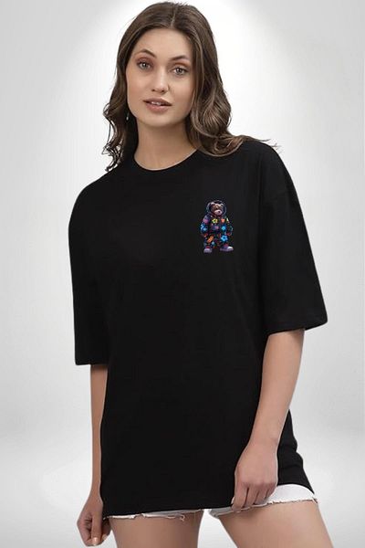 Angemiel Starry Night Bear Colorful Night Adventure Black Oversize Women's Men's Front Minimal Printed T-Shirt