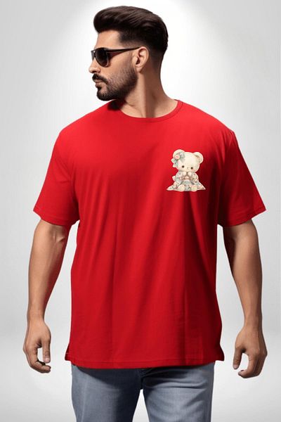 Angemiel Cute Kimono Teddy Bear Red Oversize Women Men Front Minimal Printed T-Shirt