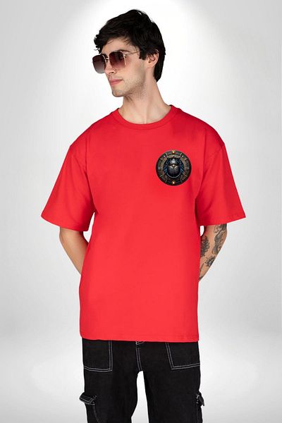 Angemiel Khepri Rebirth, Morning Sun God Egyptian Red Oversize Women's Men's Front Minimal Printed T-Shirt