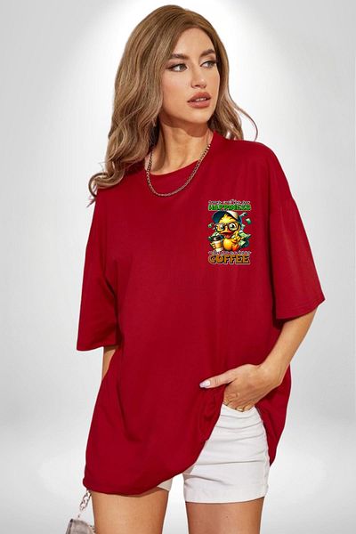 Angemiel Coffee Red Oversize Women's Men's Front Minimal Printed T-Shirt for Happiness